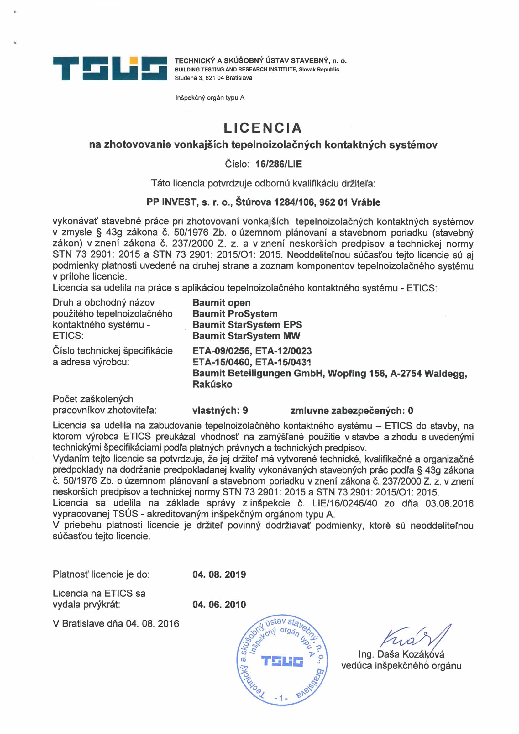 Licencia Baumit open - ETICS systém