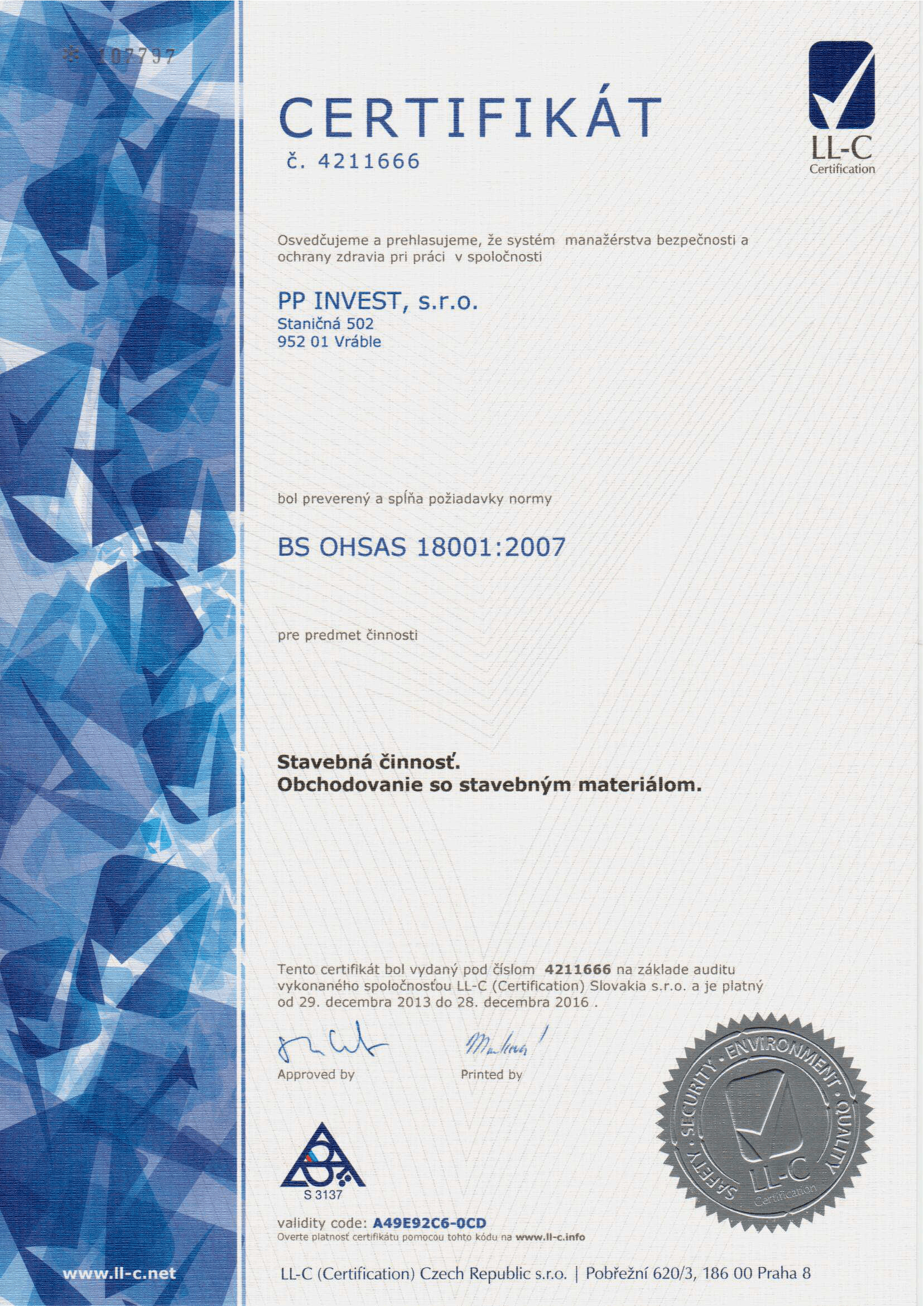 Certifikát ISO 9001:2008 - Manažérstvo kvality